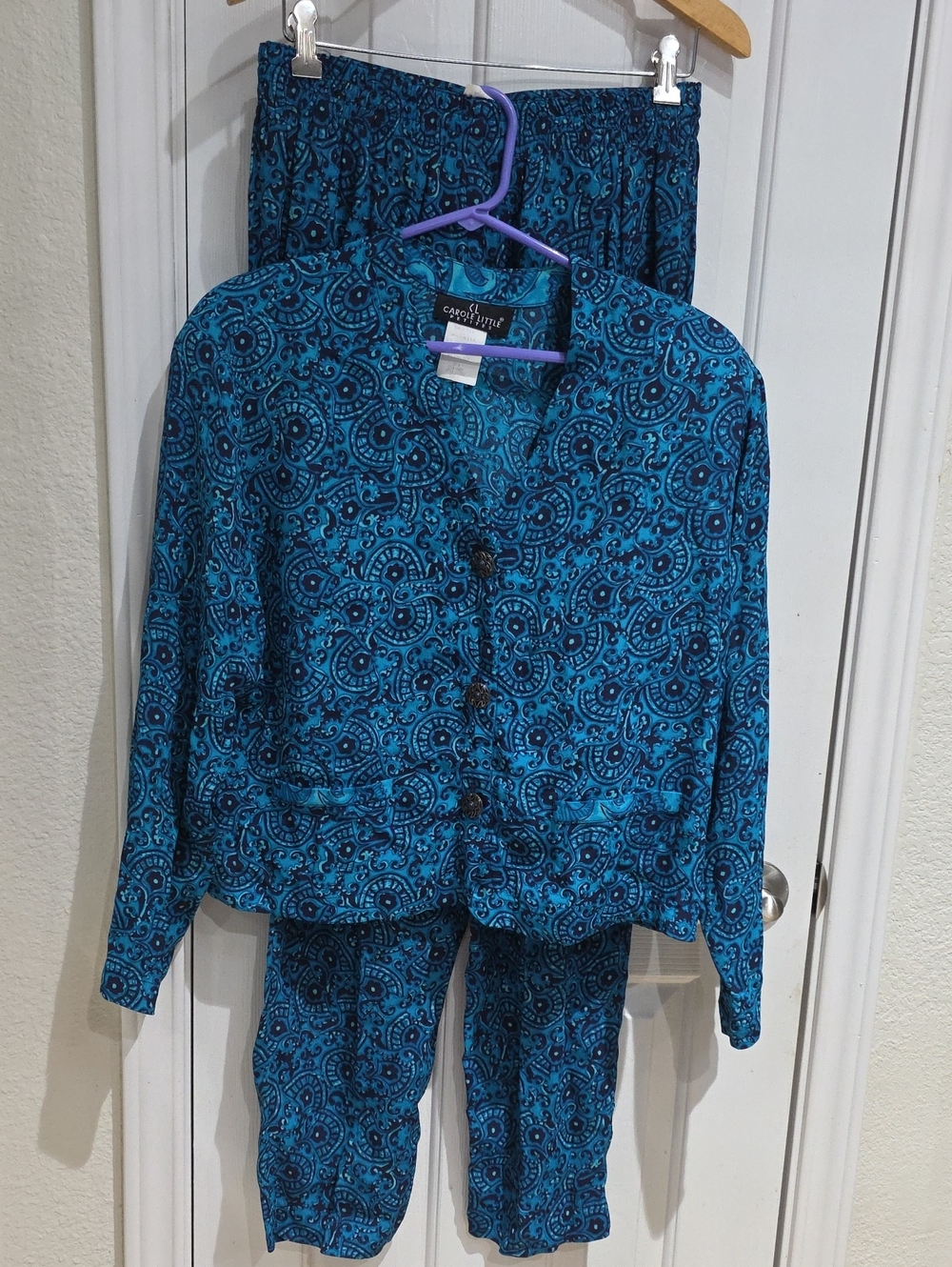 Carole Little Teal Blue Printed Button-Front Jacket and Pants  Size 12